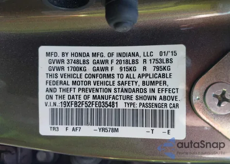 2015 Honda Civic Lx from USA, damaged, VIN 19XFB2F52FE035481